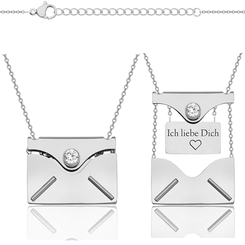 Lumari Gold Personalisierte Halskette mit Briefumschlag-Anhänger zum Öffnen - Foto Medaillon mit Gravur innen - Edelstahl Kette Geschenkidee Damen Herren, Silber Umschlag Zirkonia von Lumari Gold