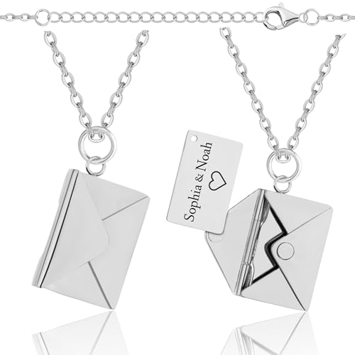 Lumari Gold Personalisierte Halskette mit Briefumschlag-Anhänger zum Öffnen - Foto Medaillon mit Gravur innen - Edelstahl Kette Geschenkidee Damen Herren, Silber von Lumari Gold