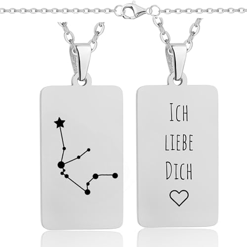 Lumari Gold Personalisierte Sternzeichen Halskette mit Gravur – Rechteck Medaillon Silber, Sternbilder Anhänger hypoallergen & langlebig – Geschenk für Damen & Herren, Partner & Familie von Lumari Gold
