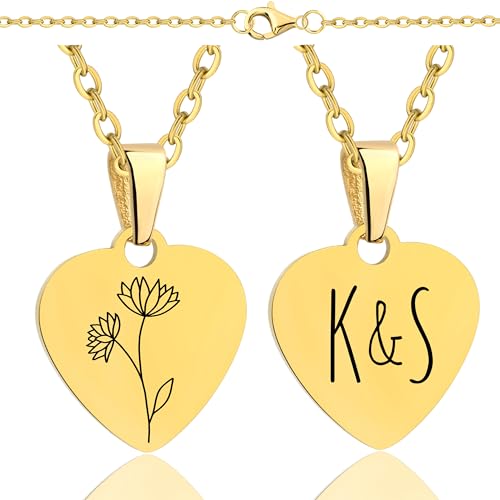 Lumari Gold Personalisierte Halskette mit Geburtsblume & Initialen Gravur – Rechteck Medaillon Gold, Edelstahl Anhänger Herz hypoallergen & langlebig – Geschenk für Frauen, Partner & Familie von Lumari Gold