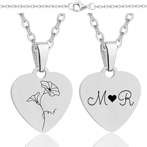 Lumari Gold Personalisierte Halskette mit Geburtsblume & Initialen Gravur – Rechteck Medaillon Silber, Edelstahl Anhänger Herz hypoallergen & langlebig – Geschenk für Frauen, Partner & Familie von Lumari Gold