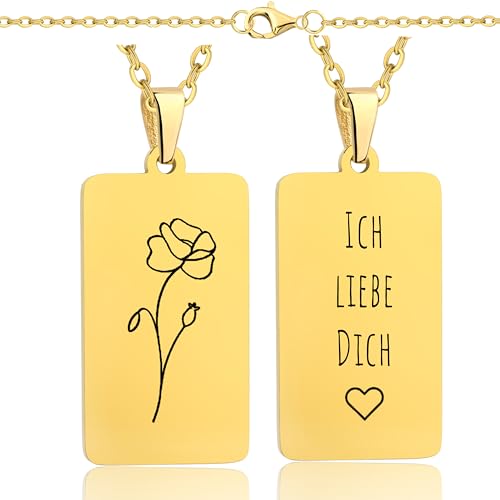 Lumari Gold Personalisierte Halskette mit Geburtsblume & Initialen Gravur – Rechteck Medaillon Gold, Edelstahl Anhänger langlebig & hypoallergen – Geschenk für Damen, Herren, Partner & Familie von Lumari Gold