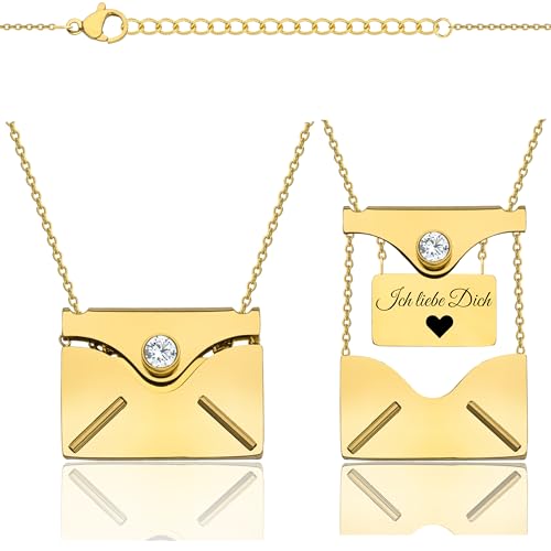 Lumari Gold Personalisierte Halskette mit Briefumschlag-Anhänger zum Öffnen - Foto Medaillon mit Gravur innen - Edelstahl Kette Geschenkidee Damen Herren, Gold Umschlag Zirkonia von Lumari Gold