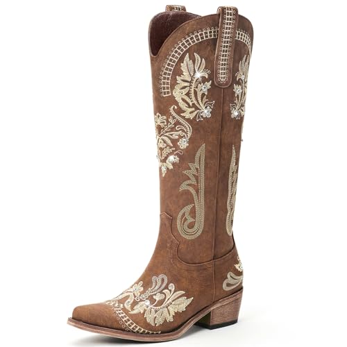 Lumeheel Cowboystiefel für Damen, breite Wade, kniehoch, Western-Cowgirl-Stiefel, glitzernde Strasssteine, Retro-Stiefel mit klassischer Stickerei, spitzer Zehenpartie, klobiger Absatz, Lumeheel Cowboystiefel für Damen, breite Wade, kniehoch, Western-Cowgirl-Stiefel, glitzernde Strasssteine, Retro-Stiefel mit klassischer Stickerei, spitzer Zehenpartie, klobiger Absatz, von Lumeheel