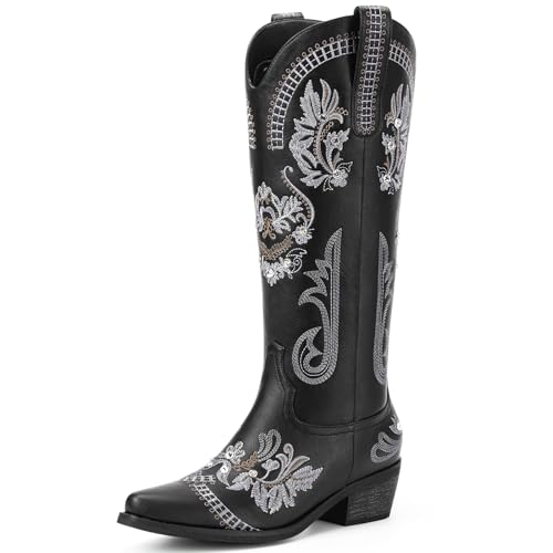 Lumeheel Cowboystiefel für Damen, breite Wade, kniehoch, Western-Cowgirl-Stiefel, glitzernde Strasssteine, Retro-Stiefel mit klassischer Stickerei, spitzer Zehenpartie, klobiger Absatz, von Lumeheel