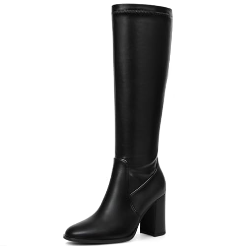Lumeheel Kniehohe Stiefel für Damen, runder Zehenbereich, klobiger Absatz, Gogo-Stiefel mit seitlichem Reißverschluss, modische hohe Stiefel für Damen, Dehnbar, Schwarz, 42 EU von Lumeheel