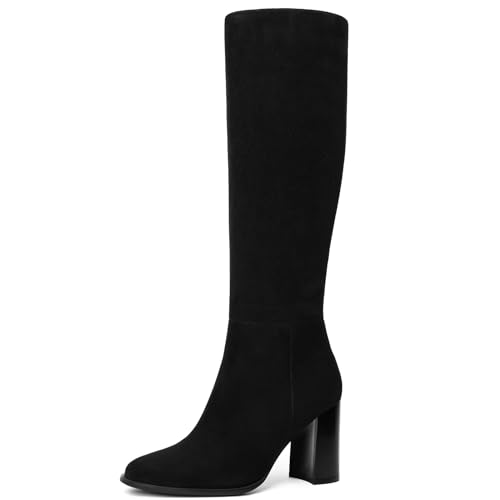 Lumeheel Kniehohe Stiefel für Damen, runder Zehenbereich, klobiger Absatz, Gogo-Stiefel mit seitlichem Reißverschluss, modische hohe Stiefel für Damen, Schwarzes Wildleder, 36 EU von Lumeheel