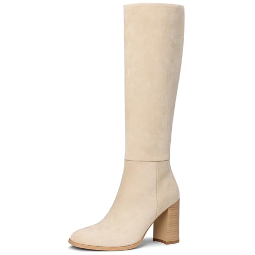Lumeheel Kniehohe Stiefel für Damen, runder Zehenbereich, klobiger Absatz, Gogo-Stiefel mit seitlichem Reißverschluss, modische hohe Stiefel für Damen, Wildleder beige, 35 EU von Lumeheel