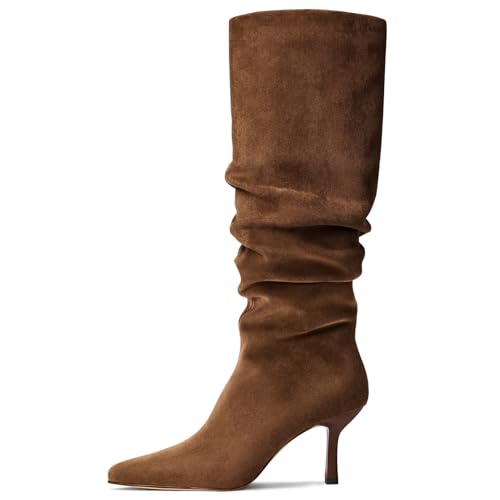 Lumeheel Kniehohe Stiefel für Damen – Wildleder gerüschte Damenstiefel mit spitzem Zehenbereich, Kätzchenabsatz, Reißverschluss zum Überziehen, Slouch-Mode für Herbst und Winter, Braun, 39.5 EU von Lumeheel