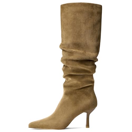 Lumeheel Kniehohe Stiefel für Damen – Wildleder gerüschte Damenstiefel mit spitzem Zehenbereich, Kätzchenabsatz, Reißverschluss zum Überziehen, Slouch-Mode für Herbst und Winter, Sandbraun, 37 EU Lumeheel Kniehohe Stiefel für Damen – Wildleder gerüschte Damenstiefel mit spitzem Zehenbereich, Kätzchenabsatz, Reißverschluss zum Überziehen, Slouch-Mode für Herbst und Winter, Sandbraun, 37 EU von Lumeheel