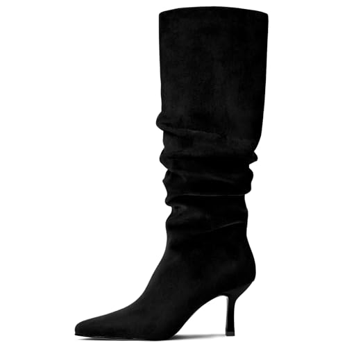 Lumeheel Kniehohe Stiefel für Damen – Wildleder gerüschte Damenstiefel mit spitzem Zehenbereich, Kätzchenabsatz, Reißverschluss zum Überziehen, Slouch-Mode für Herbst und Winter, Schwarz, 38 EU Lumeheel Kniehohe Stiefel für Damen – Wildleder gerüschte Damenstiefel mit spitzem Zehenbereich, Kätzchenabsatz, Reißverschluss zum Überziehen, Slouch-Mode für Herbst und Winter, Schwarz, 38 EU von Lumeheel