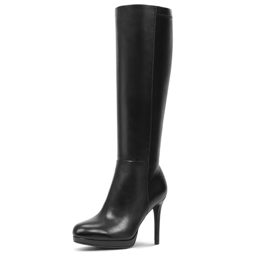 Lumeheel Schwarze kniehohe Stiefel für Damen – Plateau-Stiefel mit spitzem Zehenbereich, Stiletto-Absatz, Wildleder, hohe Stiefel für Herbst und Winter, Schwarz, 38.5 EU von Lumeheel