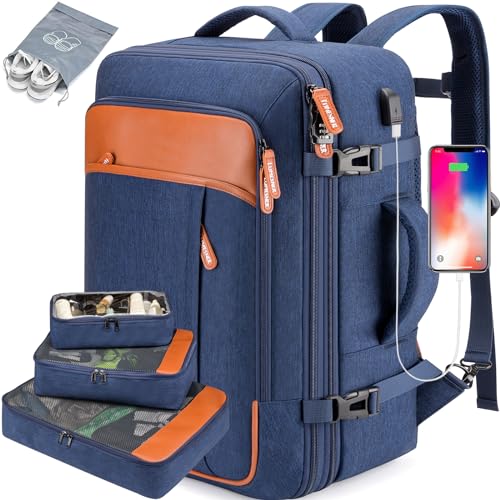 Lumesner Handgepäck-Rucksack, extra groß, 40 l, Flugzugelassen, Reiserucksack für Männer und Frauen, erweiterbar, großer Koffer-Rucksack mit 4 Packwürfeln, wasserabweisender Gepäck (Blau) von Lumesner