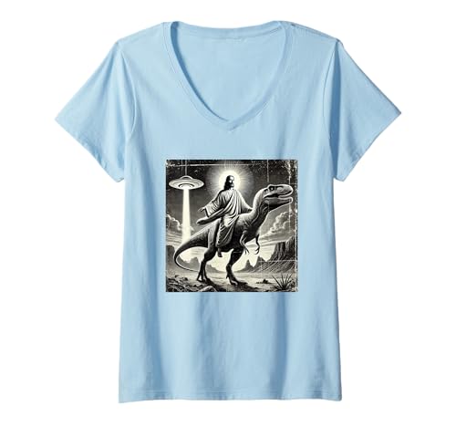 Damen Jesus reitender Dinosaurier, UFO, lustig, Coole Grafik, verrückt T-Shirt mit V-Ausschnitt Damen Jesus reitender Dinosaurier, UFO, lustig, Coole Grafik, verrückt T-Shirt mit V-Ausschnitt von Lumi Art for women, men, girls and boys.