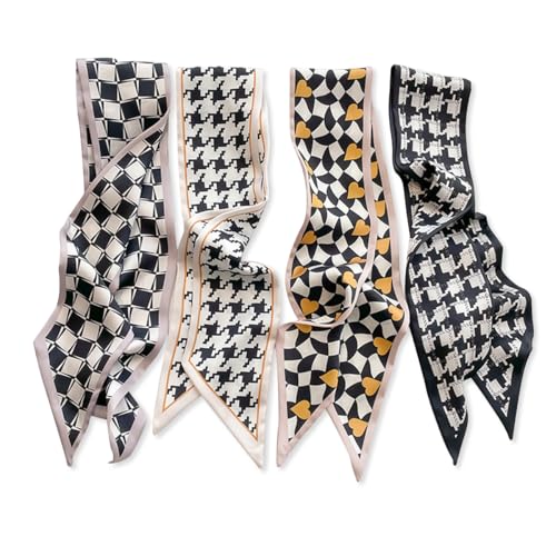LumiSyne 4 Stück Skinny Seidenschal Damen Mädchen Schmale Lange Halstuch Klassischer Karierter Polka Dots Muster Retro Französischen Stil Leicht Satin Schal Haarschal Kopfschmuck Griff Wrap Ribbon von LumiSyne
