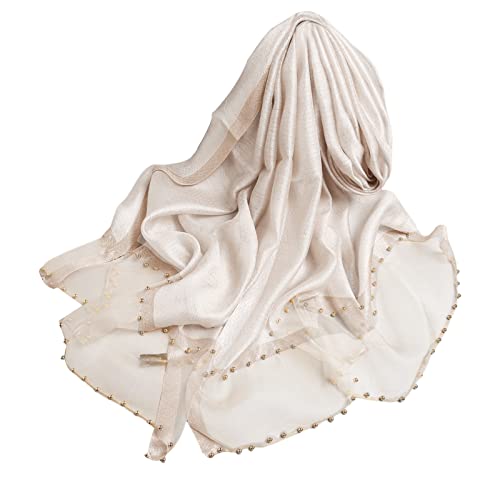 LumiSyne Frühling Seiden Chiffon Schal Damen Einfarbiger Halstücher Mode Seide Mit Tüll Perlen Dekoration Langer Seidentuch Sonnenschutz Schals Tücher Stola von LumiSyne