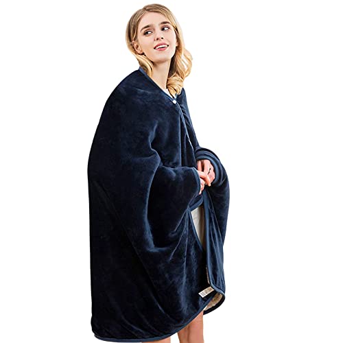 LumiSyne Kuscheldecke Für Damen Klassisch Einfarbig Winter Warm Umhang Poncho Mit Knopf außen Flanell Innen Sherpa Cape Cardigan Weich Flauschig Tragbare Wohndecke Fleecedecke Für Sofa Büro Auto von LumiSyne