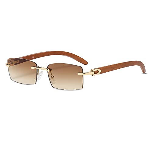 LumiSyne Rechteck Randlose Sonnenbrille Herren Damen Holz Bügeln Farbverlauf Linsen Ultra-Small Frame UV 400 Schutz Blendschutz Retro Quadratische Brille Für Dekoration Fahren Reisen von LumiSyne