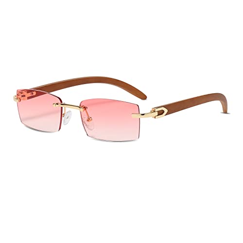 LumiSyne Rechteck Randlose Sonnenbrille Herren Damen Holz Bügeln Farbverlauf Linsen Ultra-Small Frame UV 400 Schutz Blendschutz Retro Quadratische Brille Für Dekoration Fahren Reisen von LumiSyne