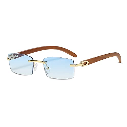 LumiSyne Rechteck Randlose Sonnenbrille Herren Damen Holz Bügeln Farbverlauf Linsen Ultra-Small Frame UV 400 Schutz Blendschutz Retro Quadratische Brille Für Dekoration Fahren Reisen von LumiSyne