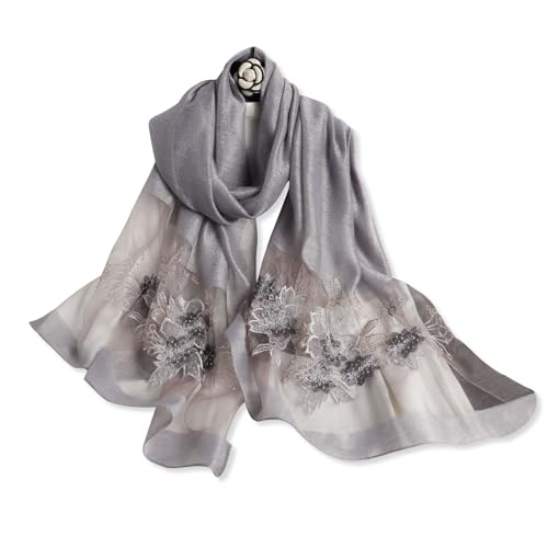 LumiSyne Seidenschal Chiffon Schal Für Damen Perlen Stickerei Blumen Muster Transparenter Tüll Leichte Weich Lange Halstücher Sonnenschutz Stola Durchsichtiger Schal Frühling Herbst von LumiSyne