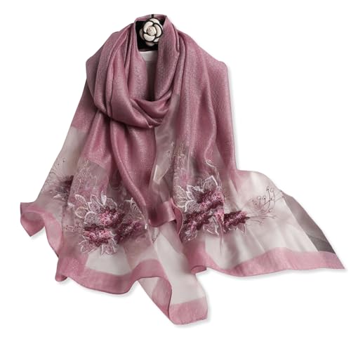 LumiSyne Seidenschal Chiffon Schal Für Damen Perlen Stickerei Blumen Muster Transparenter Tüll Leichte Weich Lange Halstücher Sonnenschutz Stola Durchsichtiger Schal Frühling Herbst von LumiSyne