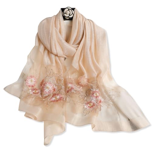 LumiSyne Seidenschal Chiffon Schal Für Damen Perlen Stickerei Blumen Muster Transparenter Tüll Leichte Weich Lange Halstücher Sonnenschutz Stola Durchsichtiger Schal Frühling Herbst von LumiSyne