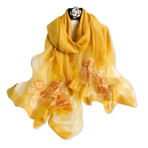 LumiSyne Seidenschal Chiffon Schal Für Damen Perlen Stickerei Blumen Muster Transparenter Tüll Leichte Weich Lange Halstücher Sonnenschutz Stola Durchsichtiger Schal Frühling Herbst von LumiSyne