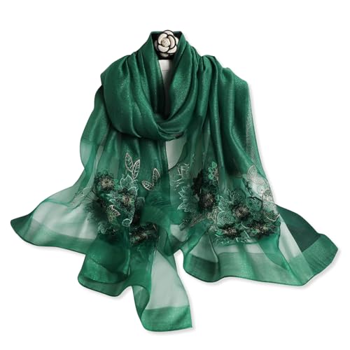 LumiSyne Seidenschal Chiffon Schal Für Damen Perlen Stickerei Blumen Muster Transparenter Tüll Leichte Weich Lange Halstücher Sonnenschutz Stola Durchsichtiger Schal Frühling Herbst von LumiSyne