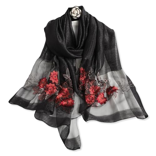 LumiSyne Seidenschal Chiffon Schal Für Damen Perlen Stickerei Blumen Muster Transparenter Tüll Leichte Weich Lange Halstücher Sonnenschutz Stola Durchsichtiger Schal Frühling Herbst von LumiSyne