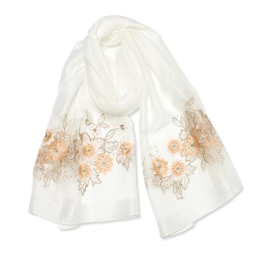 LumiSyne Seidenschal Chiffon Schal Für Damen Perlen Stickerei Blumen Muster Transparenter Tüll Leichte Weich Lange Halstücher Sonnenschutz Stola Durchsichtiger Schal Frühling Herbst von LumiSyne
