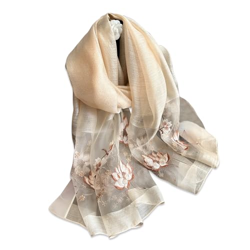 LumiSyne Seidenschal Chiffon Schal Für Damen Zarte Lotus Blumen Stickerei Transparenter Tüll Leichte Weich Lange Halstücher Sonnenschutz Stola Durchsichtiger Schal Frühling Herbst von LumiSyne