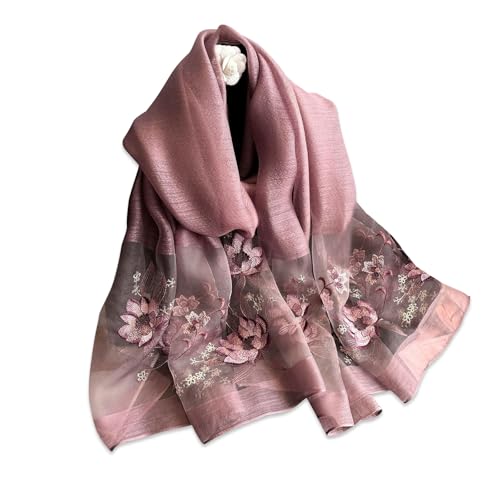 LumiSyne Seidenschal Chiffon Schal Für Damen Zarte Lotus Blumen Stickerei Transparenter Tüll Leichte Weich Lange Halstücher Sonnenschutz Stola Durchsichtiger Schal Frühling Herbst von LumiSyne