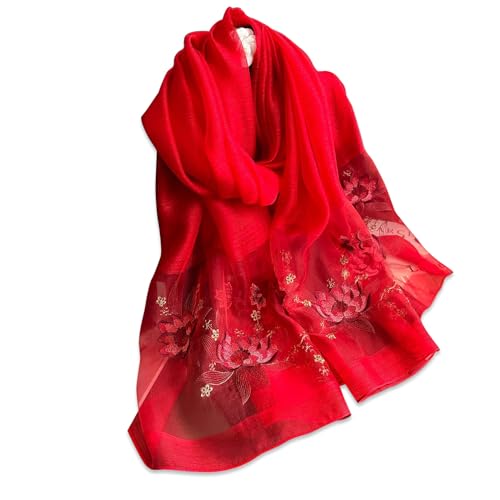 LumiSyne Seidenschal Chiffon Schal Für Damen Zarte Lotus Blumen Stickerei Transparenter Tüll Leichte Weich Lange Halstücher Sonnenschutz Stola Durchsichtiger Schal Frühling Herbst von LumiSyne