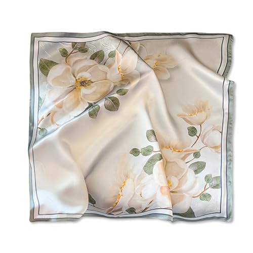 LumiSyne Seidenschal Damen Kleiner Quadratischer Schal Natur Thema Frisch Blumen Muster Leicht Satin Vierecktuch Multifunktional Halstuch Bandana Kopfschmuck Haarschal Griffband 53×53cm von LumiSyne