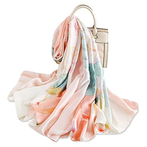 LumiSyne Seidenschal Damen Lotus Gedruckt Farbnähte Geometrische Muster Luxus Retro Stil Lange Halstücher Weich Warme Seidentuch Sonnencreme Stola Ganzjährig von LumiSyne