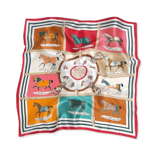 LumiSyne Seidenschal Damen Quadratischer Schal Vintage Pferd Muster Leicht Satin Kleiner Vierecktuch Multifunktional Halstuch Bandana Kopfschmuck Haarschal Griff Wrap Ribbon 53×53cm von LumiSyne