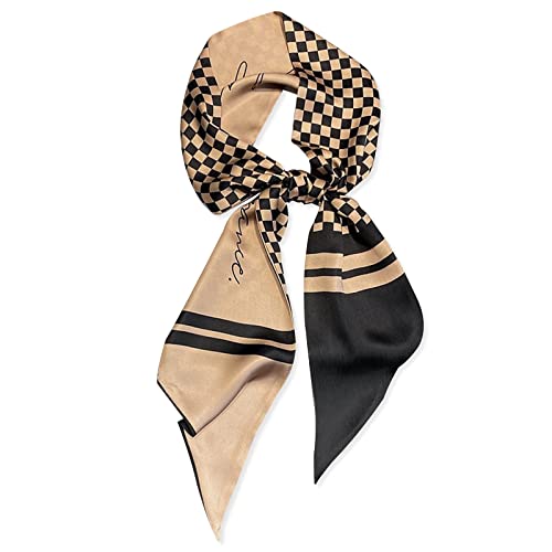 LumiSyne Seidenschal Damen Skinny Schal Schachbrett Kariert Gedruckt Buchstaben Muster Klassische Retro Stil Lange Krawatte Schal Leicht Schmaler Halstuch Bandana Kopfschmuck Griff Wrap Ribbon von LumiSyne