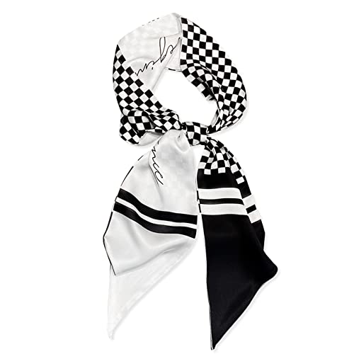 LumiSyne Seidenschal Damen Skinny Schal Schachbrett Kariert Gedruckt Buchstaben Muster Klassische Retro Stil Lange Krawatte Schal Leicht Schmaler Halstuch Bandana Kopfschmuck Griff Wrap Ribbon von LumiSyne