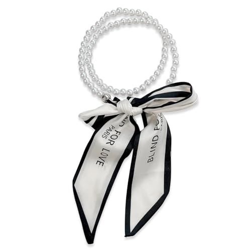 LumiSyne Seidenschal Halskette Damen Mädchen Schmale Lange Halstuch Mit Perlenkette Blumen Druck Streifen Buchstaben Muster Einfache Französischen Stil Dekorative Krawatte Kopfschmuck Haarschal Ribbon von LumiSyne