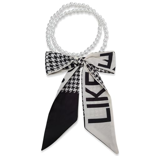 LumiSyne Seidenschal Halskette Damen Mädchen Schmale Lange Halstuch Mit Perlenkette Blumen Druck Streifen Buchstaben Muster Einfache Französischen Stil Dekorative Krawatte Kopfschmuck Haarschal Ribbon von LumiSyne