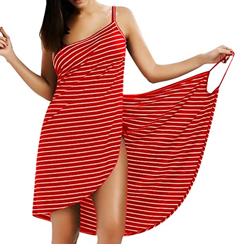 LumiSyne Strandkleider Damen Bikini Badeanzüge Cover Ups Ärmellos Wickelrock Sexy V Ausschnitt Strandponcho Mode Streifen Pareos Lose Stil Strandrock,Rot,L von LumiSyne