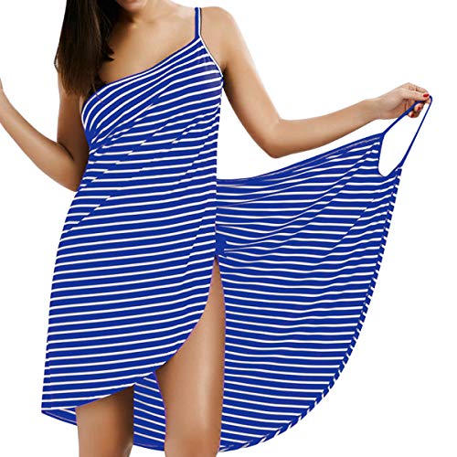 LumiSyne Strandkleider Damen Bikini Badeanzüge Cover Ups Ärmellos Wickelrock Sexy V Ausschnitt Strandponcho Mode Streifen Pareos Lose Stil Strandrock,Schmale Fransen Blau,XL von LumiSyne