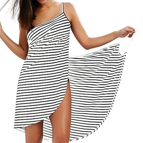 LumiSyne Strandkleider Damen Bikini Cover Ups Mode Streifen Badeanzüge Ärmellos Wickelkleid Sexy V Ausschnitt Strandponcho Pareos Lose Stil Strandrock,Schmale Fransen Weiß,M von LumiSyne