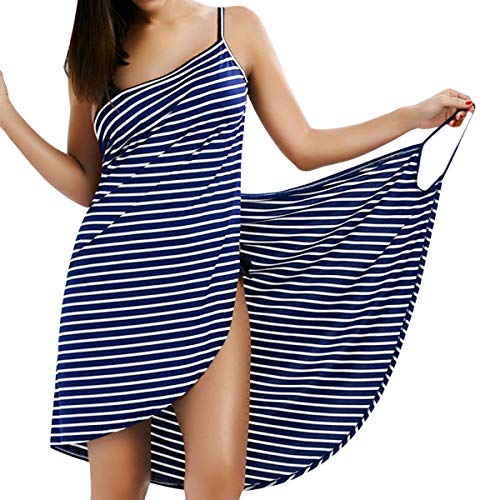 LumiSyne Strandkleider Damen Bikini Cover Ups Mode Streifen Badeanzüge Ärmellos Wickelkleid Sexy V Ausschnitt Strandponcho Pareos Lose Stil Strandrock,Schmale Fransen Dunkelblau,M von LumiSyne