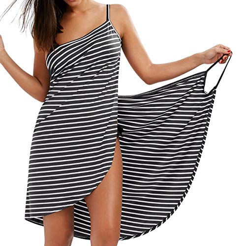 LumiSyne Strandkleider Damen Bikini Cover Ups Mode Streifen Badeanzüge Ärmellos Wickelkleid Sexy V Ausschnitt Strandponcho Pareos Lose Stil Strandrock,Schmale Fransen Schwarz,XL von LumiSyne