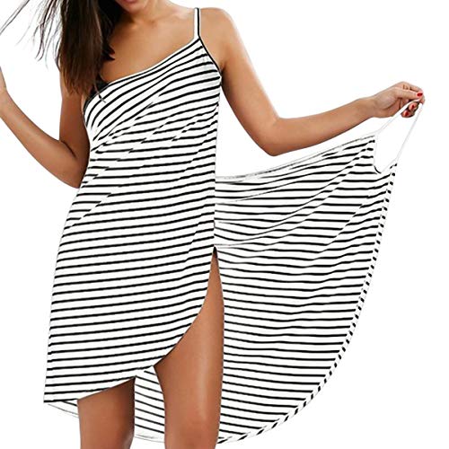 LumiSyne Strandkleider Damen Bikini Badeanzüge Cover Ups Ärmellos Wickelrock Sexy V Ausschnitt Strandponcho Mode Streifen Pareos Lose Stil Strandrock,Weiß,L von LumiSyne