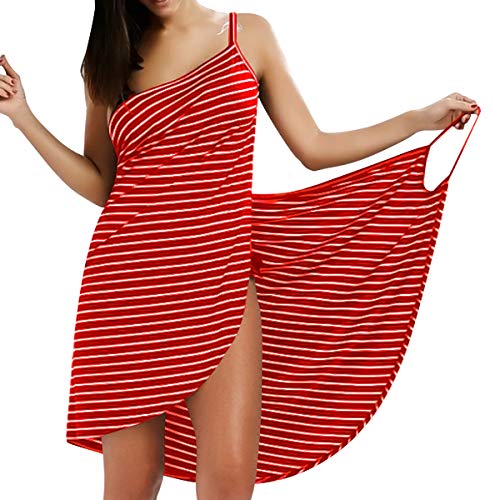 LumiSyne Strandkleider Damen Bikini Cover Ups Mode Streifen Badeanzüge Ärmellos Wickelkleid Sexy V Ausschnitt Strandponcho Pareos Lose Stil Strandrock,Schmale Fransen Rot,XL von LumiSyne