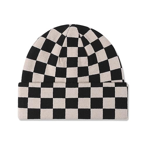 LumiSyne Strickmütze Für Damen Herren Schachbrett Kariert Muster Doppelter Zweck Mütze Mit Bündchen Und Slouchy Beanie Doppellagiger Stoff Stretchy Warme Baggy Skull Cap Winter Mütze Für Outdoor von LumiSyne