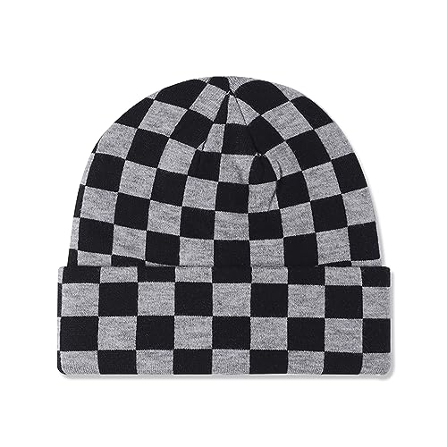 LumiSyne Strickmütze Für Damen Herren Schachbrett Kariert Muster Doppelter Zweck Mütze Mit Bündchen Und Slouchy Beanie Doppellagiger Stoff Stretchy Warme Baggy Skull Cap Winter Mütze Für Outdoor von LumiSyne
